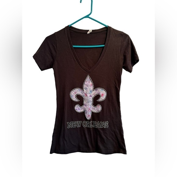 New Orleans Black Tee Shirt Womens Small Embellished Metallic Fluer-de-lis - Picture 14 of 14
